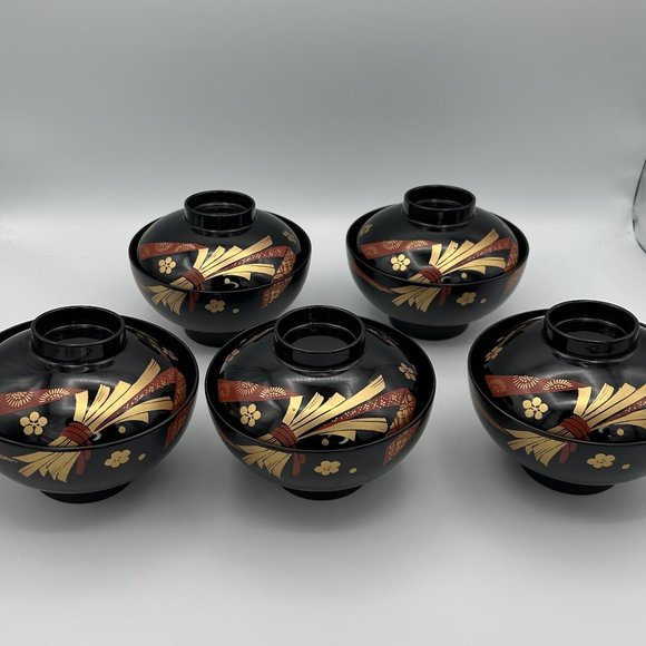 Japanese Rice Soup Bowl Lacquer Black Golden Rice Bale Graphic Print Set of 5